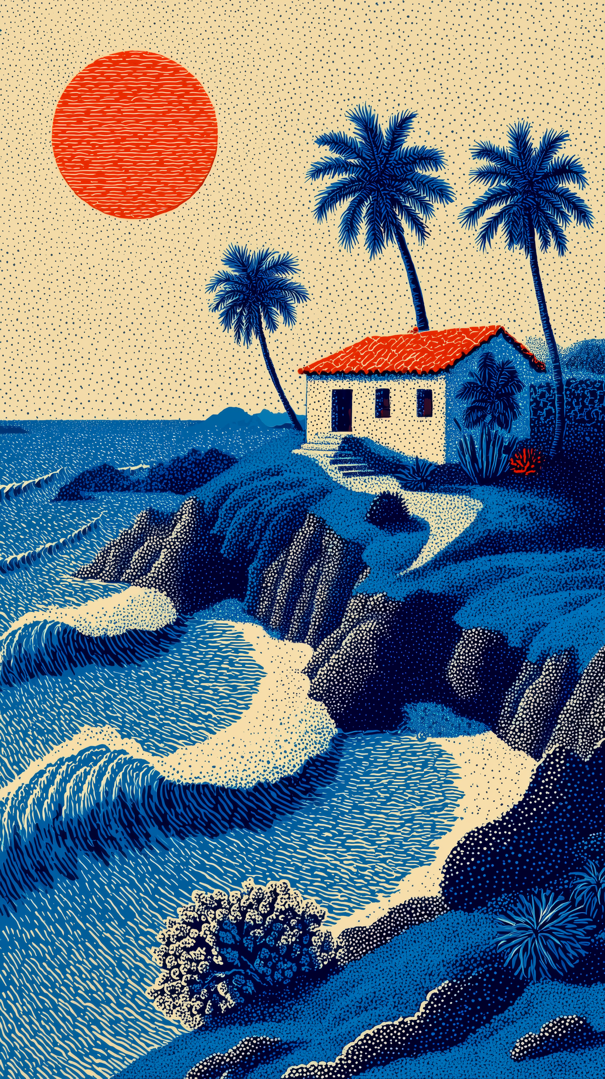 Nostalgic Coastal Landscape Wall Décor Print with Beach House and Palm Trees