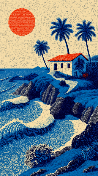 Nostalgic Coastal Landscape Wall Décor Print with Beach House and Palm Trees