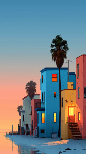 Colorful Beach Houses Home Art Wall Poster – Coastal Aesthetic Beach Print