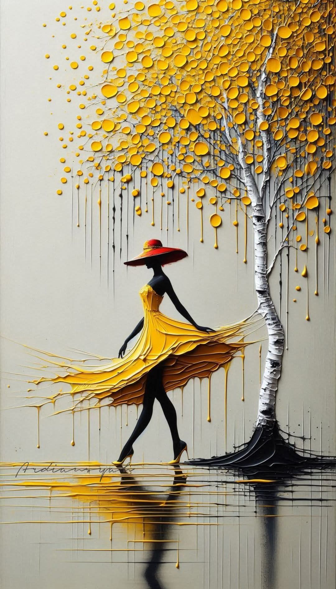 Adriano Yadi Aesthetic Woman in Yellow Dress and Tree Wall Décor Poster Print