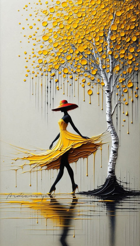 Adriano Yadi Aesthetic Woman in Yellow Dress and Tree Wall Décor Poster Print