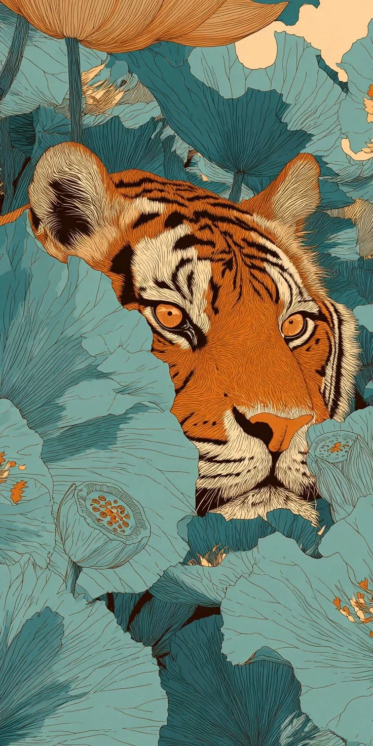 Tiger in Floral Jungle Aesthetic Décor Poster, Exotic Animal Wall Print