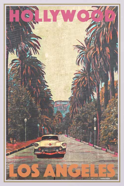 Hollywood Los Angeles Nostalgic Street Scene Print, Retro Wall Décor