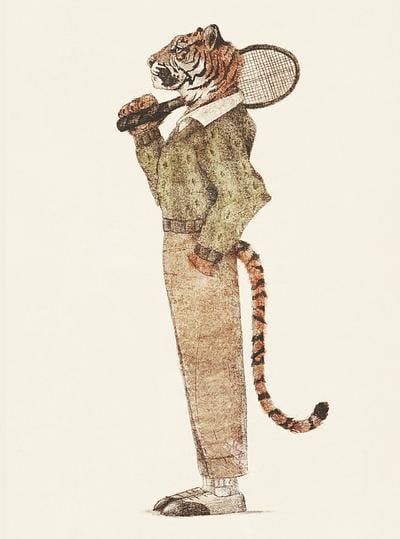 Tiger Playing Tennis Aesthetic Wall Poster, Tiger Sports Illustration Wall Décor
