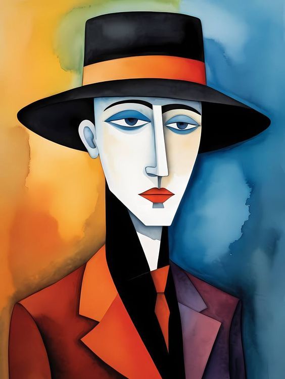 Non-Figurative Portrait with Hat Wall Poster, Sleek Minimal Wall Print