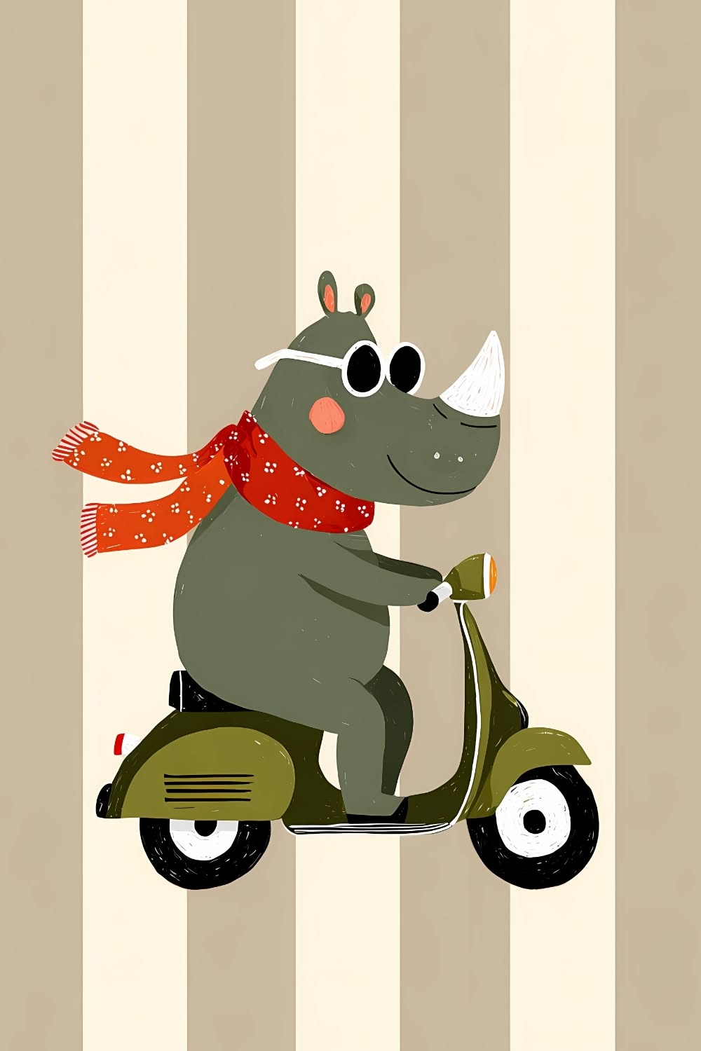 Rhinoceros on Scooter Illustration Décor Poster, Aesthetic Animal Wall Print