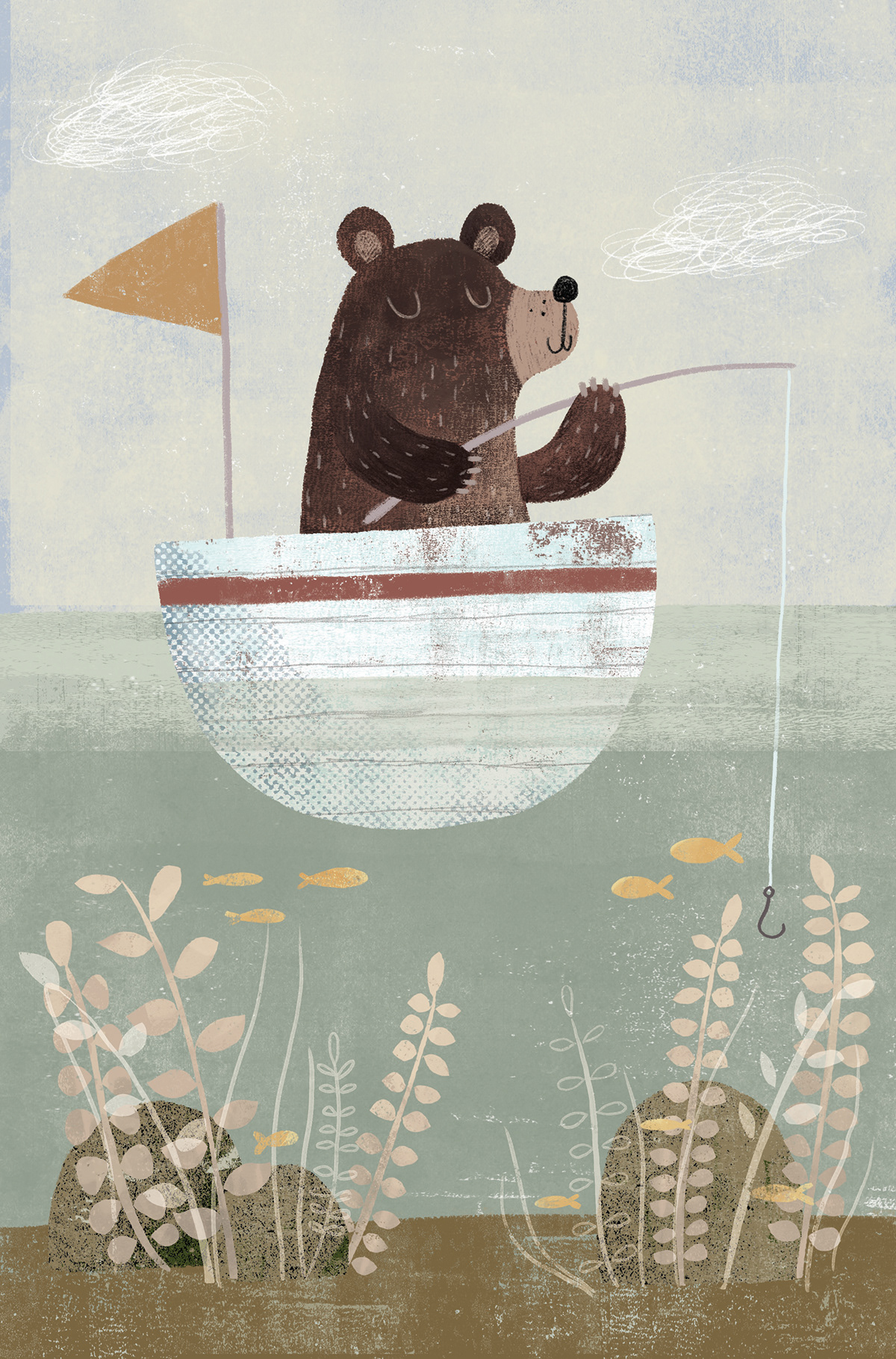 Bear Fishing Illustration Aesthetic Wall Print