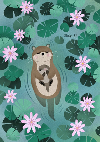 Otter Family Illustration Home Art Print | Aesthetic Otter with Baby Print