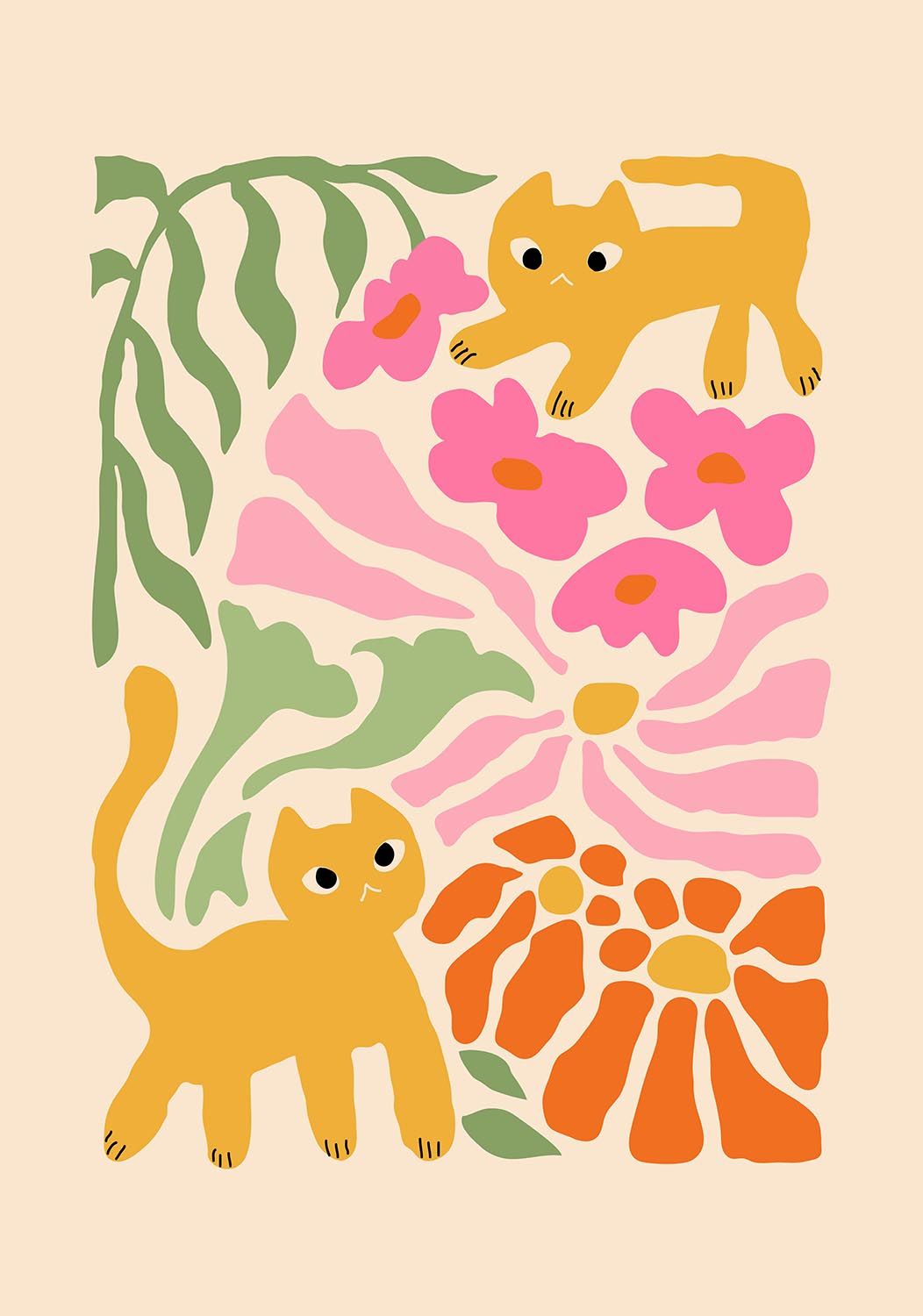 Cats and Flowers Aesthetic Wall Print Wall Poster