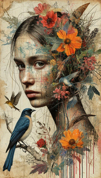 Floral Woman and Bird Aesthetic Wall Print Décor Poster