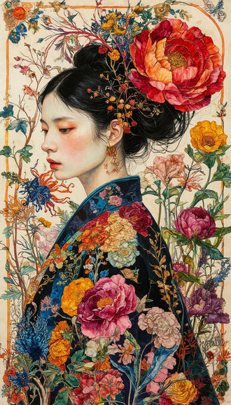 Floral Kimono Portrait Aesthetic Wall Décor Print