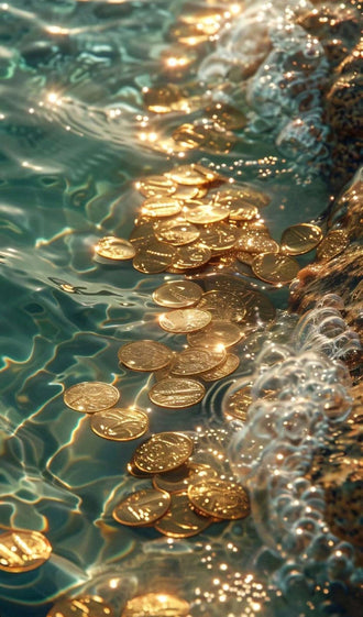 Gold Coins in Water Aesthetic Wall Print Décor Poster – Luxury Gold Coin Print Décor