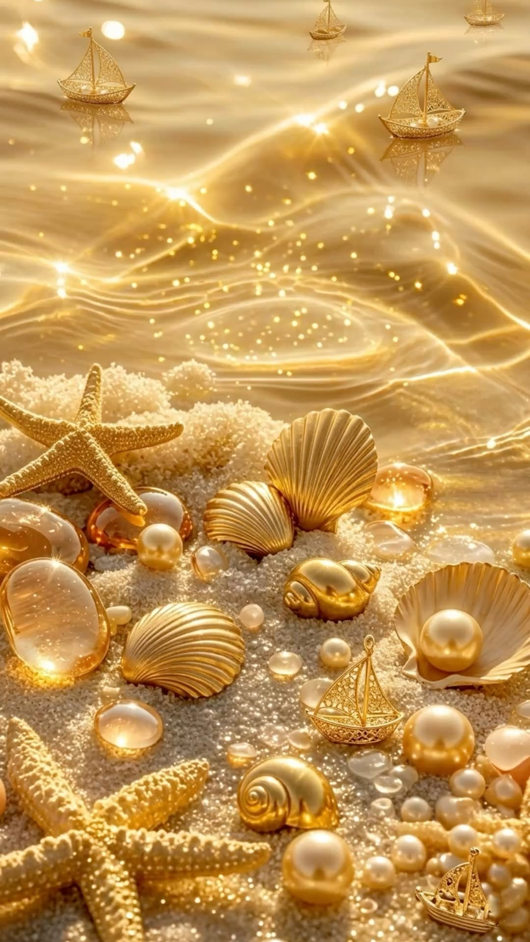 Golden Seashells and Starfish Aesthetic Wall Print Décor Poster