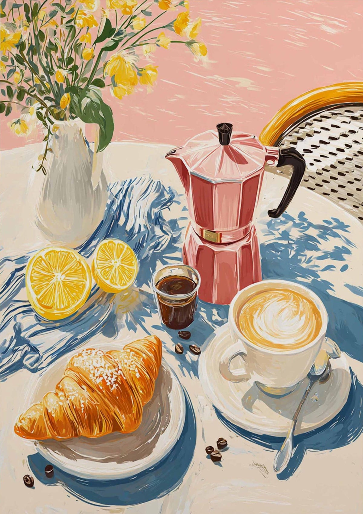 French Café Breakfast Décor Print – Retro Coffee and Croissant Wall Print, Sunny Morning Kitchen & Dining Room Decor