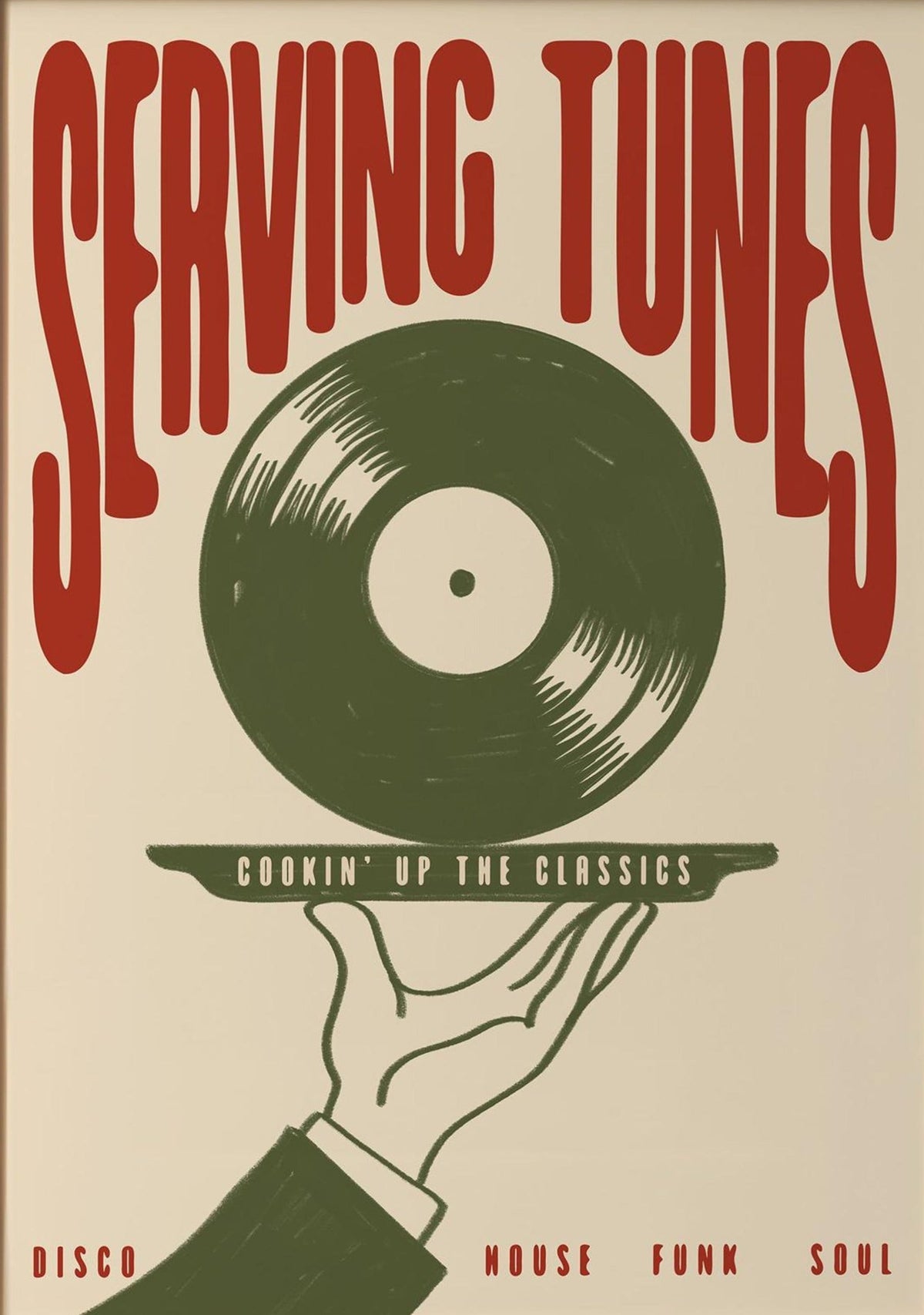 Serving Tunes Music Illustration | Retro Vinyl Record Art | Mid Century Disco and House Wall Poster for Bar Decor