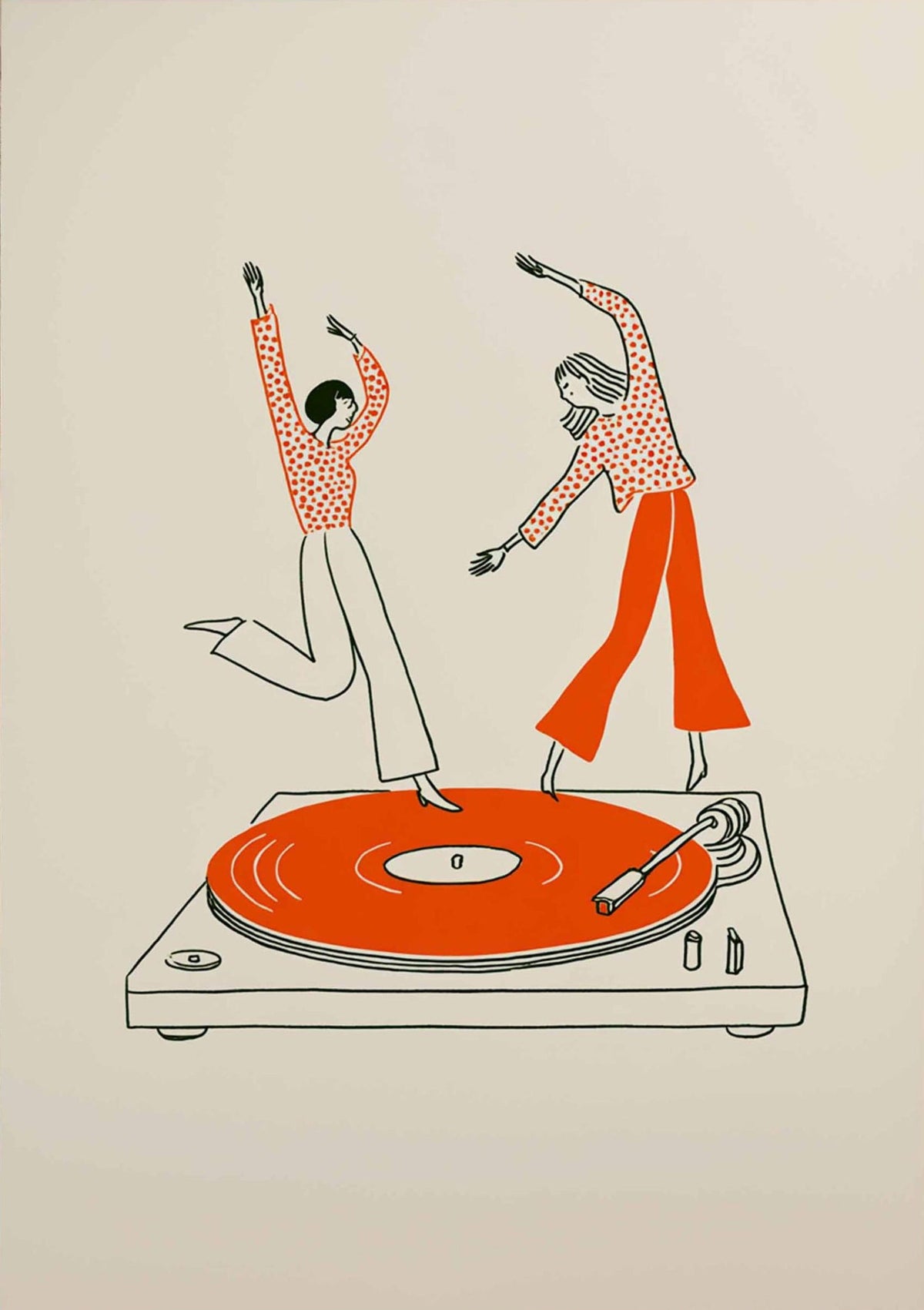 Retro Dancing Couple Illustration, Contemporary Music Inspired Fine Print, Retro Record Player Wall Print for Home Bar or Living Room