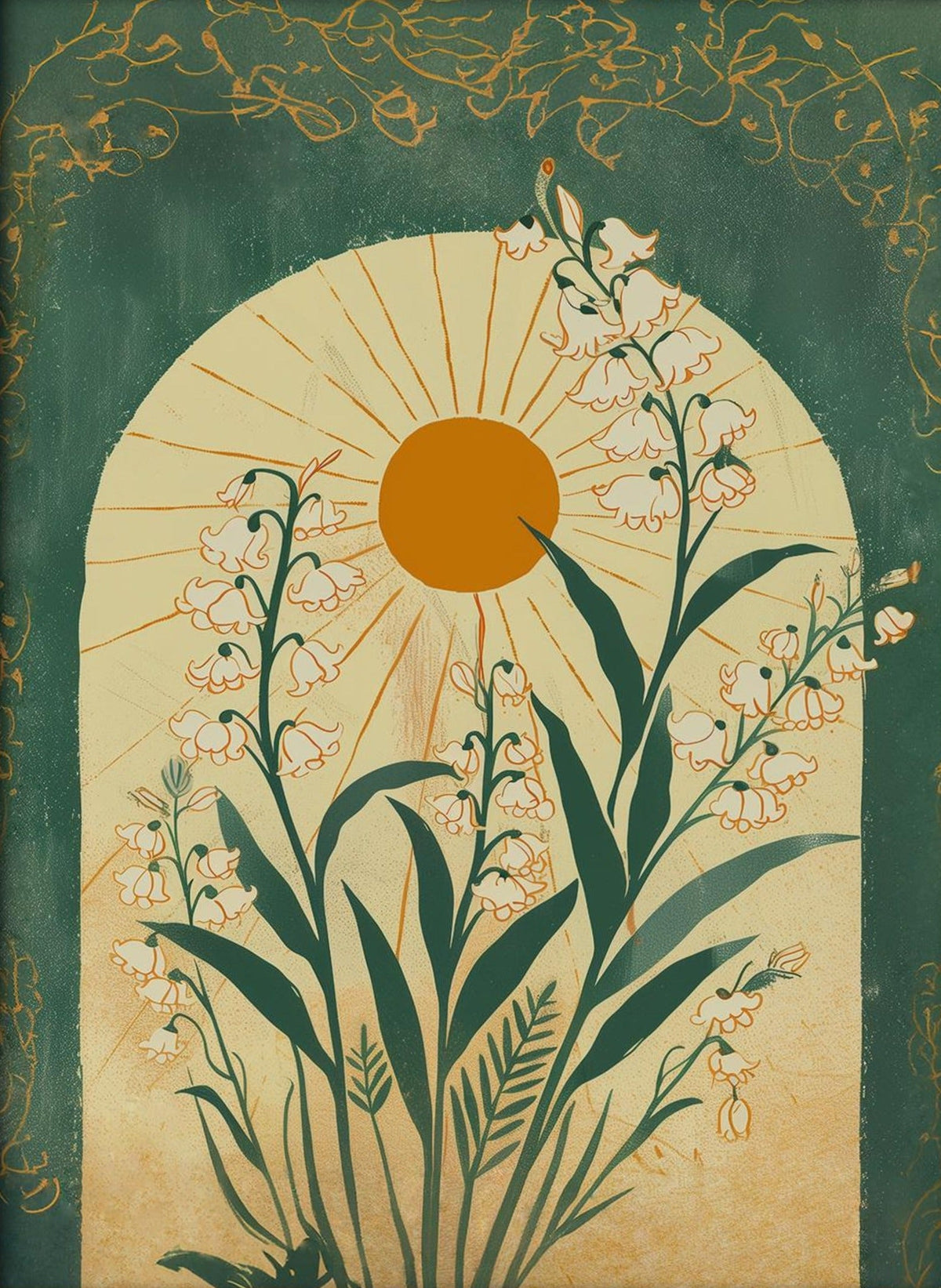 Emerald Green Sun and Lily of the Valley Botanical Folk Art Wall Poster – Mystical Taurus Zodiac Spiritual Wall Poster