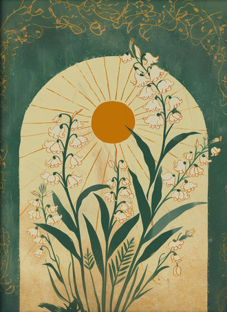 Emerald Green Sun and Lily of the Valley Botanical Folk Art Wall Poster – Mystical Taurus Zodiac Spiritual Wall Poster