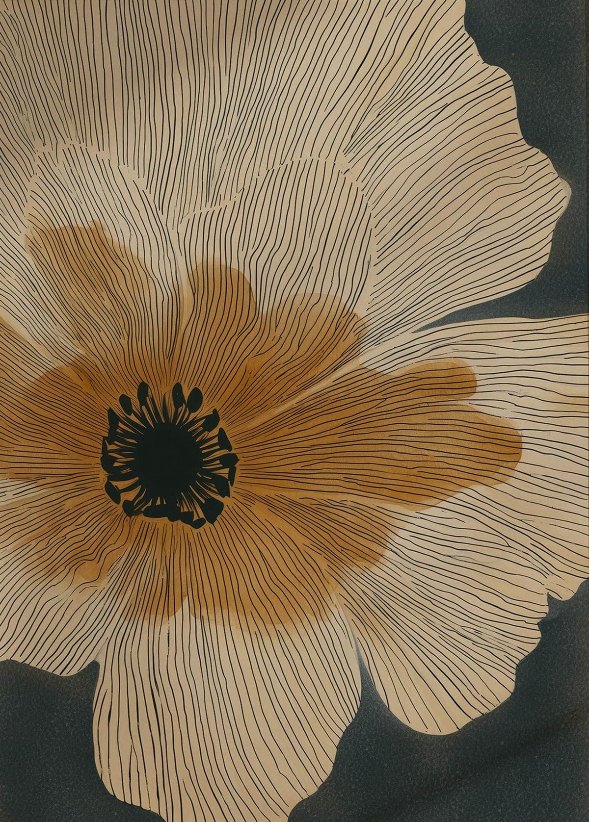Minimal Mid Century Botanical Wall Poster, Minimal Expressive Floral Line Art in Beige and Orange for Living Room Decor