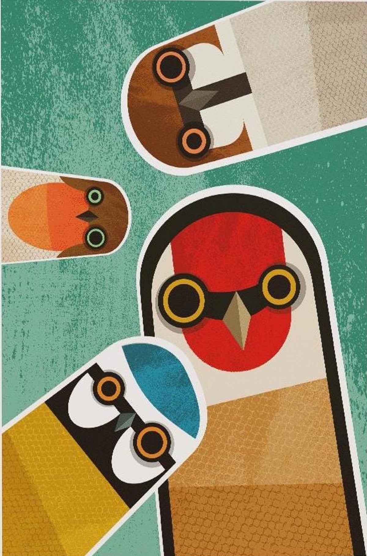 Retro Mid-Century Nosy Garden Birds Illustration Wall Décor Poster – Nostalgic Style Bird Artwork