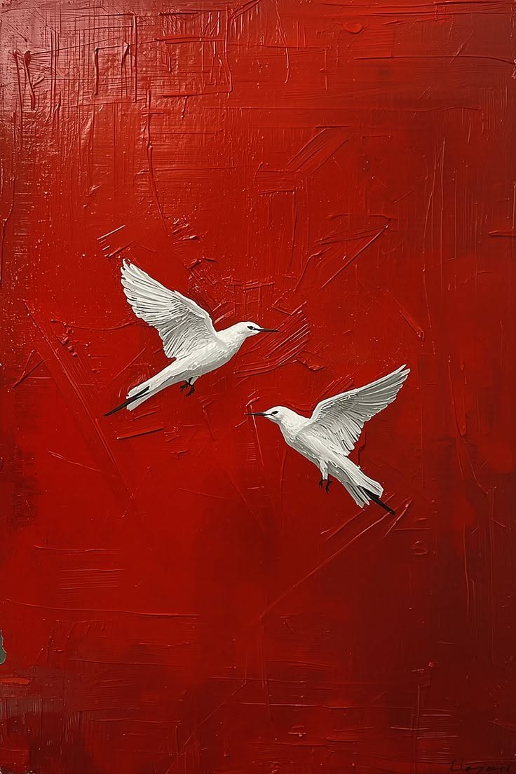 White Birds Minimal Home Art Décor Poster, Red Background Minimal Print