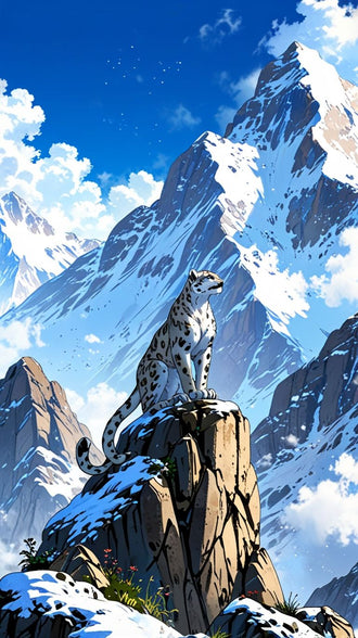 Snow Leopard on Mountain Aesthetic Wall Poster | Wildlife Wall Print