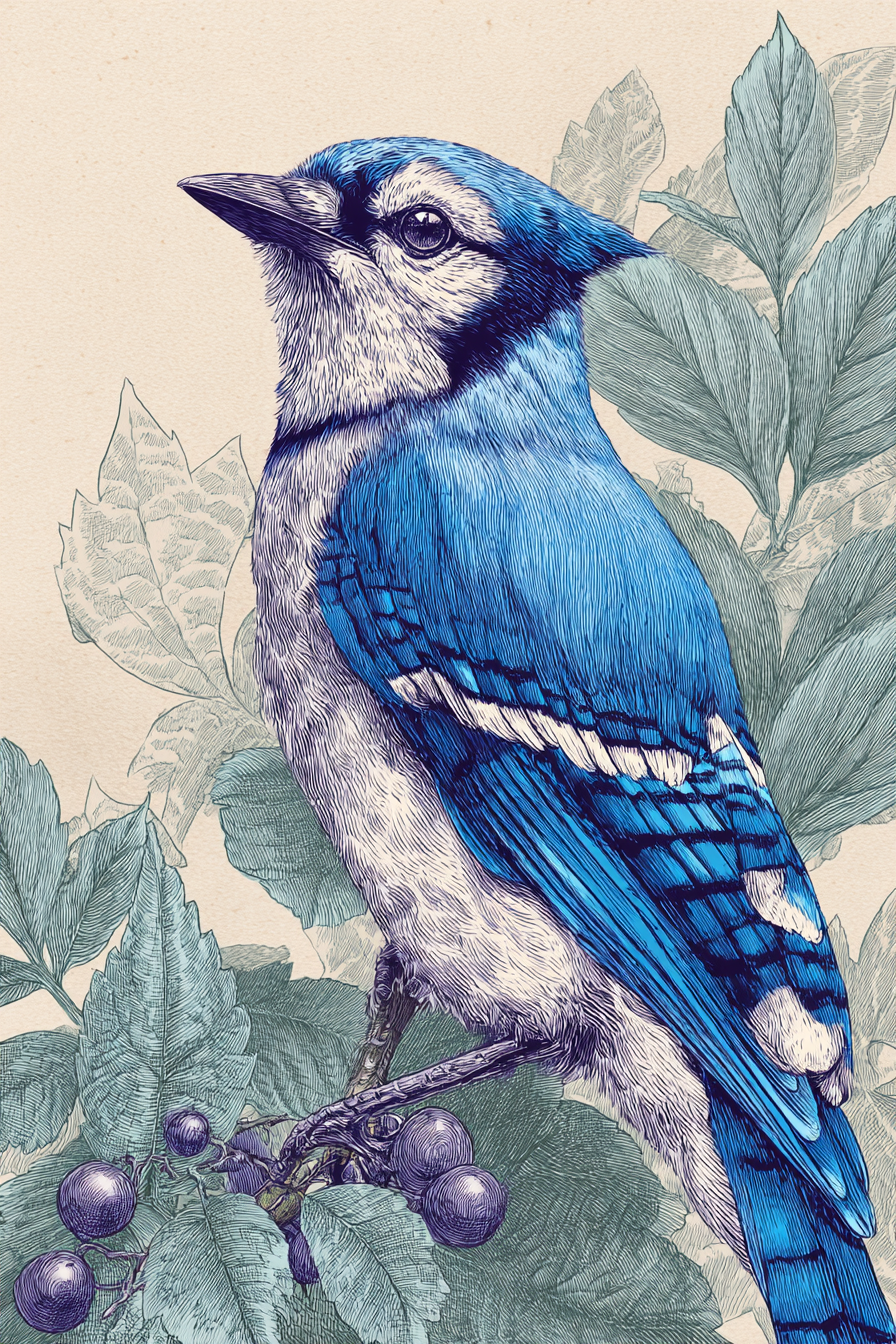 Blue Jay Heritage Wall Poster | Retro Bird Illustration Poster