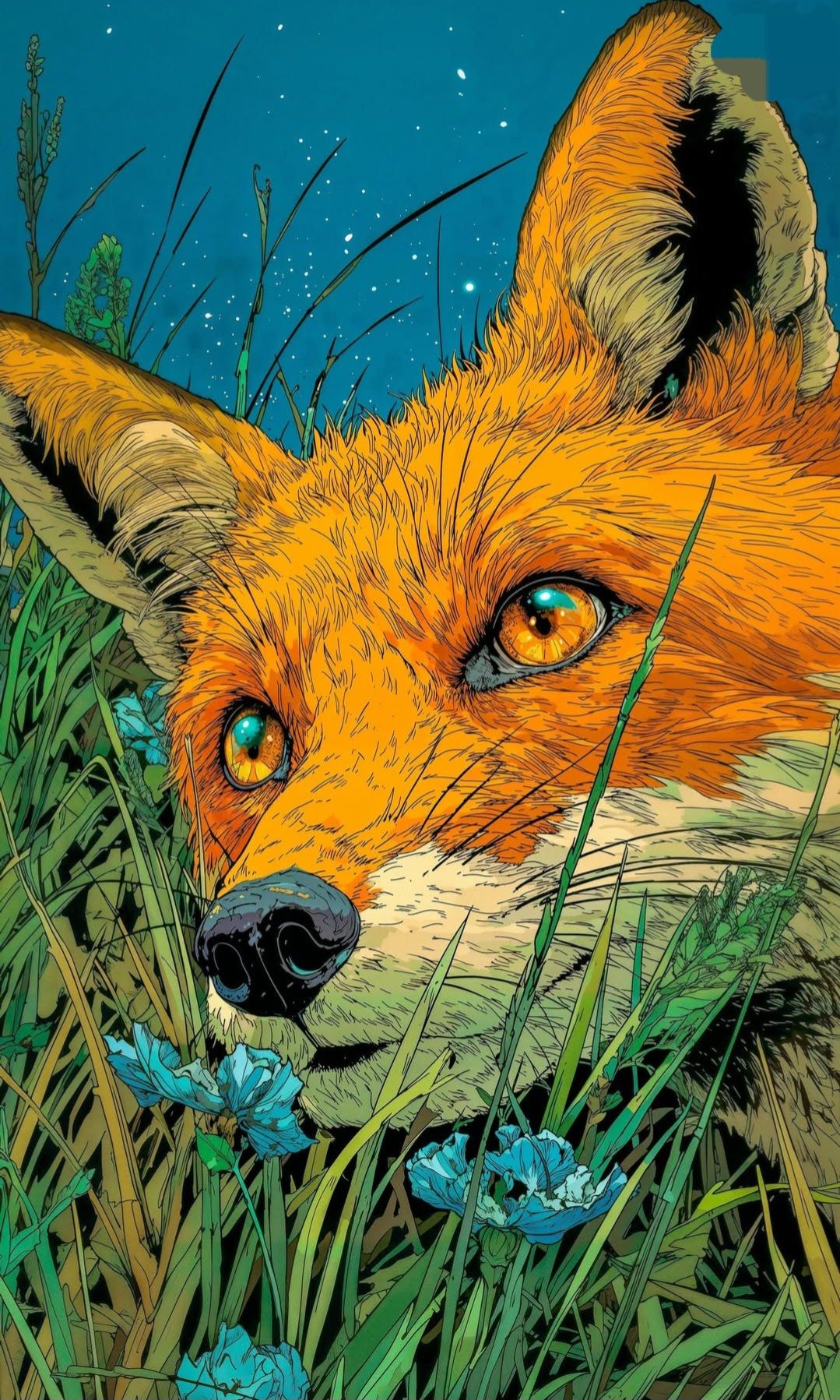 Aesthetic Fox in Grass Illustration Wall Print