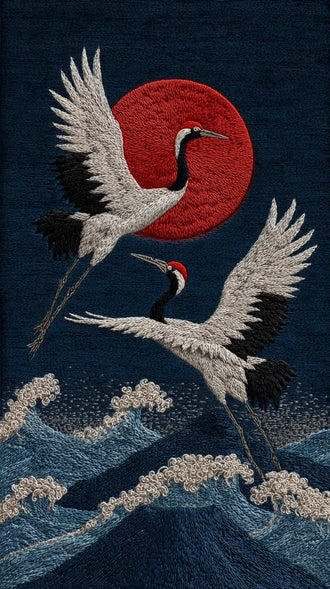 Cranes and Red Sun Japanese Wall Décor Poster – Elegant Simple Asian Print