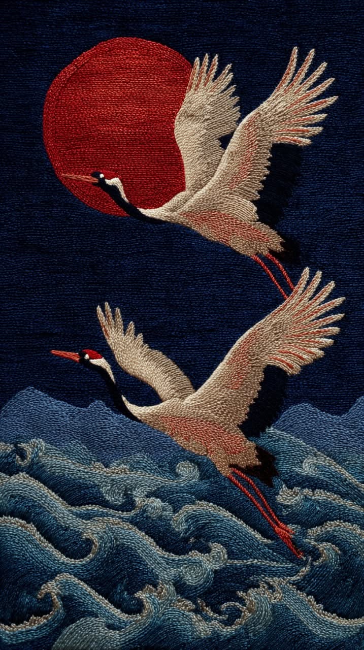 Cranes and Red Sun Aesthetic Wall Poster Print