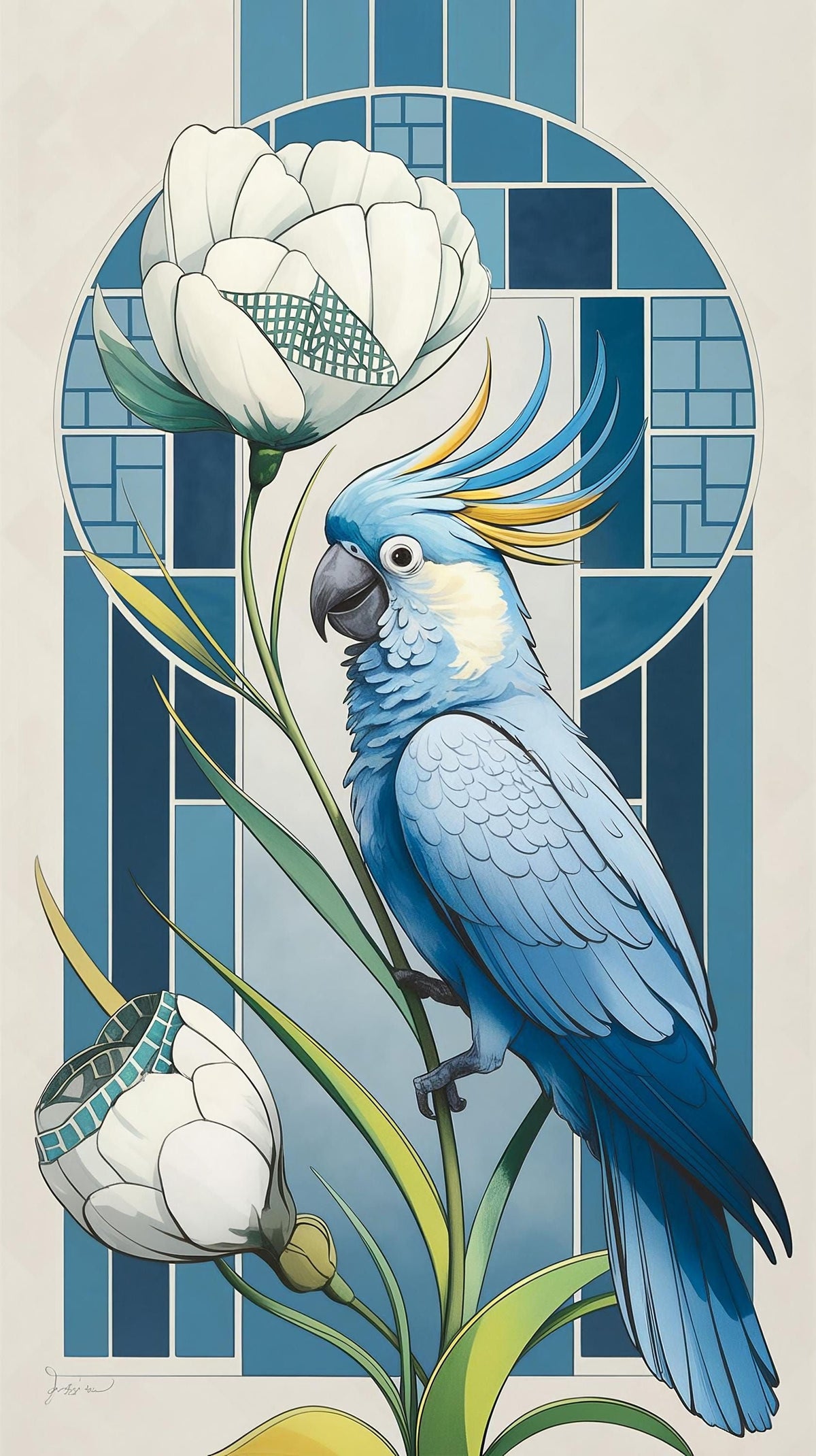 Blue Parrot Floral Wall Print Poster – Aesthetic Bird and Flower Print