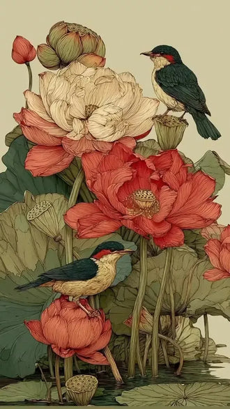 Birds and Lotus Flowers Aesthetic Wall Print Décor Poster Print