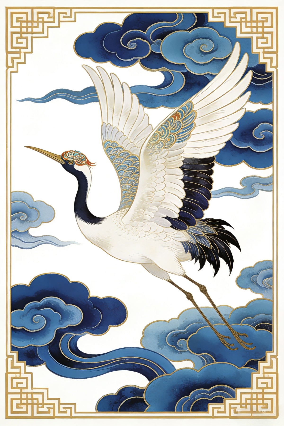Crane with Blue Clouds Aesthetic Décor Poster Home Wall Décor