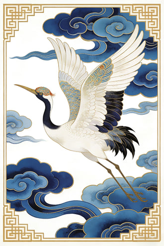 Crane with Blue Clouds Aesthetic Décor Poster Home Wall Décor