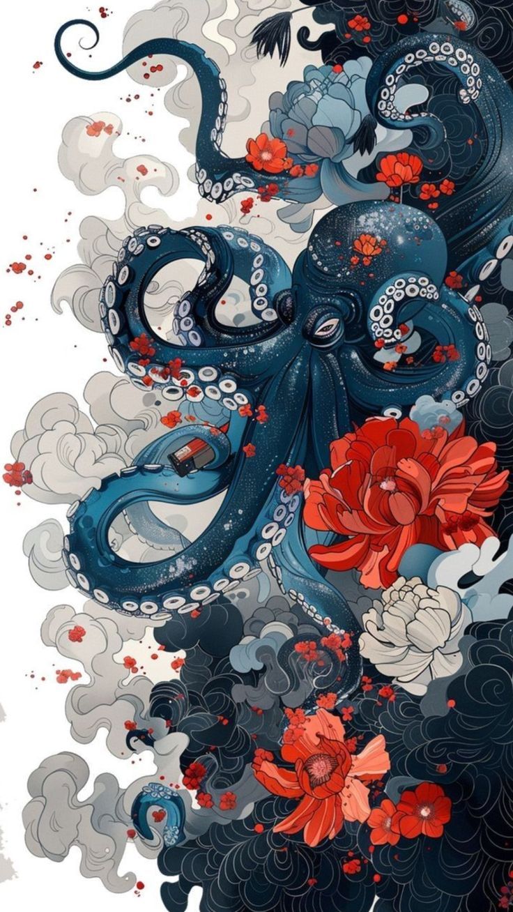 Octopus and Floral Aesthetic Home Art Print