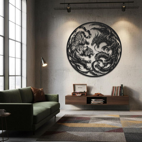 Tiger Dragon Face Off Metal Wall Art