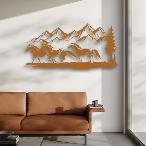 Running Horse and Mountain Metal Wall Art