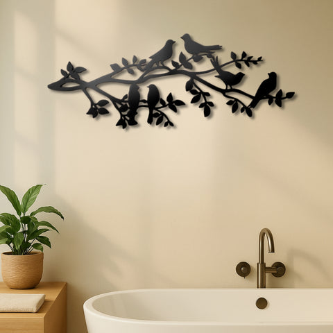 Six Birds on Tree Branches Metal Wall Art