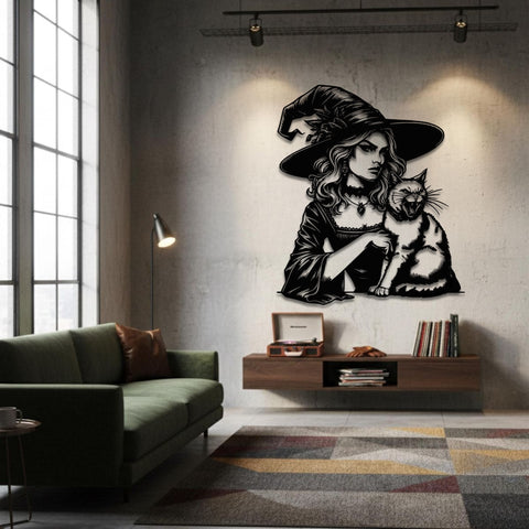 Witch and Feline Companion Metal Wall Art