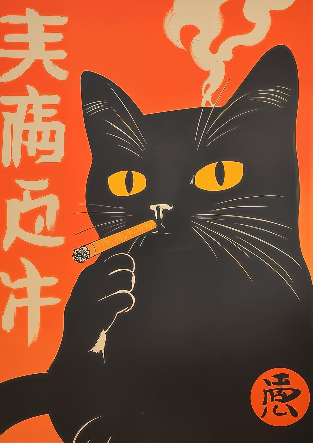 Black Cat Pop Art Home Art – Sleek Japanese Funny Cat Print for Cat Lovers, Bold Dot Print