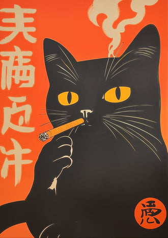 Black Cat Pop Art Home Art – Sleek Japanese Funny Cat Print for Cat Lovers, Bold Dot Print