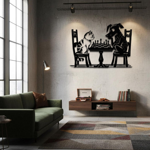 Cat vs Dog Chess Match Metal Wal Art