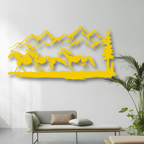 Running Horse and Mountain Metal Wall Art