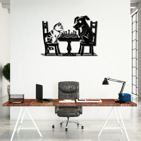 Cat vs Dog Chess Match Metal Wal Art
