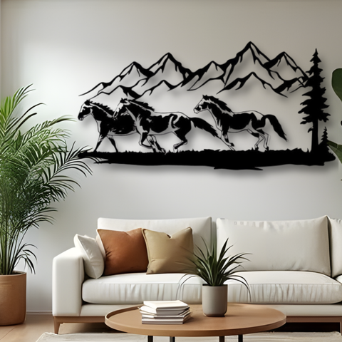 Running Horse and Mountain Metal Wall Art