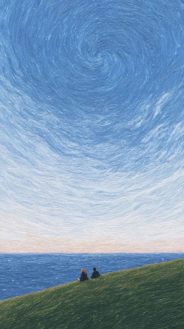 Swirling Sky Ocean Couple Wall Poster – Surreal Night Sky Decor Canvas Print