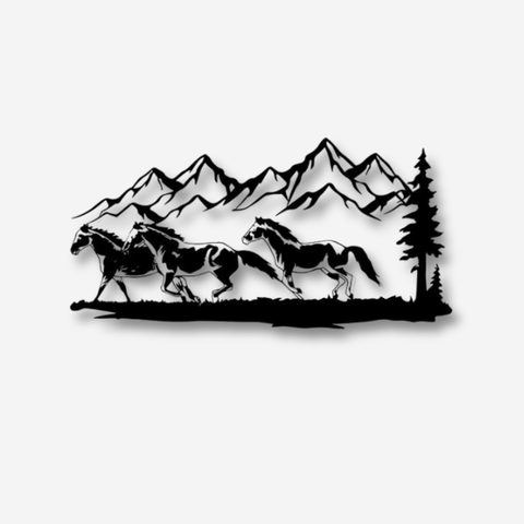 Running Horse and Mountain Metal Wall Art