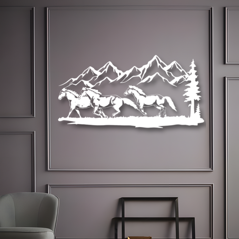 Running Horse and Mountain Metal Wall Art