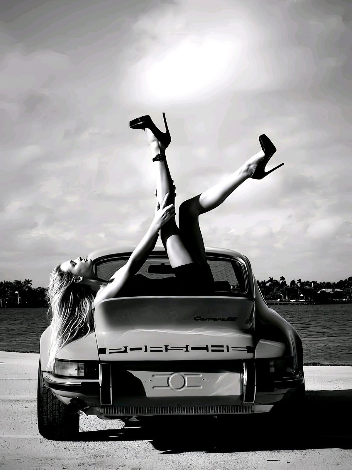 Porsche Editorial Wall Décor Poster – Stylish Woman on Porsche Car Photography Print