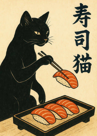 Sushi Cat Nostalgic Japanese Print  Retro Wall Décor